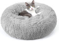 rabbitgoo Calming Cat Beds for Indoor Cats, 20 inches, Light Grey | Soft Warm Donut, Fluffy Faux Fur, Supportive Raised Rim, Anti-slip, Machine Washable, Up to 15lbs Kittens & Small Cats