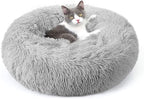 rabbitgoo Calming Cat Beds for Indoor Cats, 20 inches, Light Grey | Soft Warm Donut, Fluffy Faux Fur, Supportive Raised Rim, Anti-slip, Machine Washable, Up to 15lbs Kittens & Small Cats