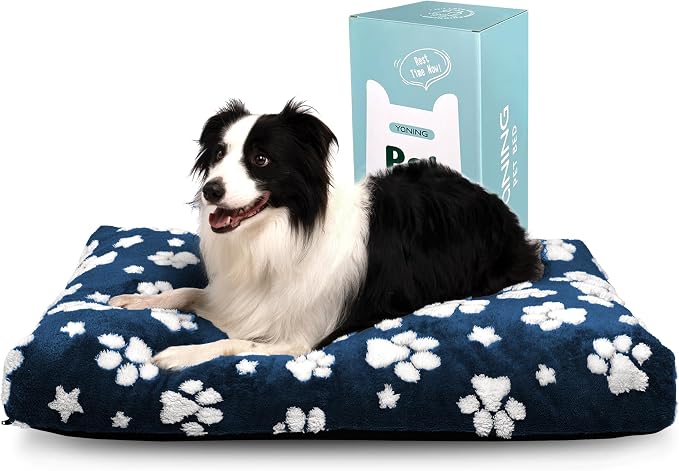 Cute Fluffy Dog Beds for Large Dogs, 35"x 22", Navy Paw | Thick Dog Bed for Crate Kennel, Pet Bed with Removable Washable Cover, Anti-Slip Bottom