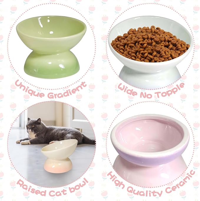 kathson 4 Pcs Ceramic Raised Cat Bowls, Elevated Tilted Cat Food Bowl, Anti Vomiting Pet Food Bowl, Colorful Porcelain Pet Feeder Dish for Cats and Small Dogs, Stress Free(Blue,Green,Purple,Pink)