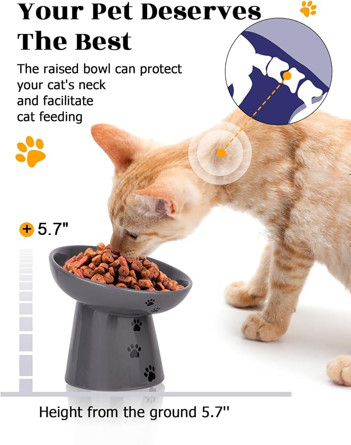 Y YHY Slow Feeder Cat Bowl, Ceramic Cat Slow Feeder Bowl, 6 Inches, Elevated, Anti Vomiting for Dry and Wet Food, Gray