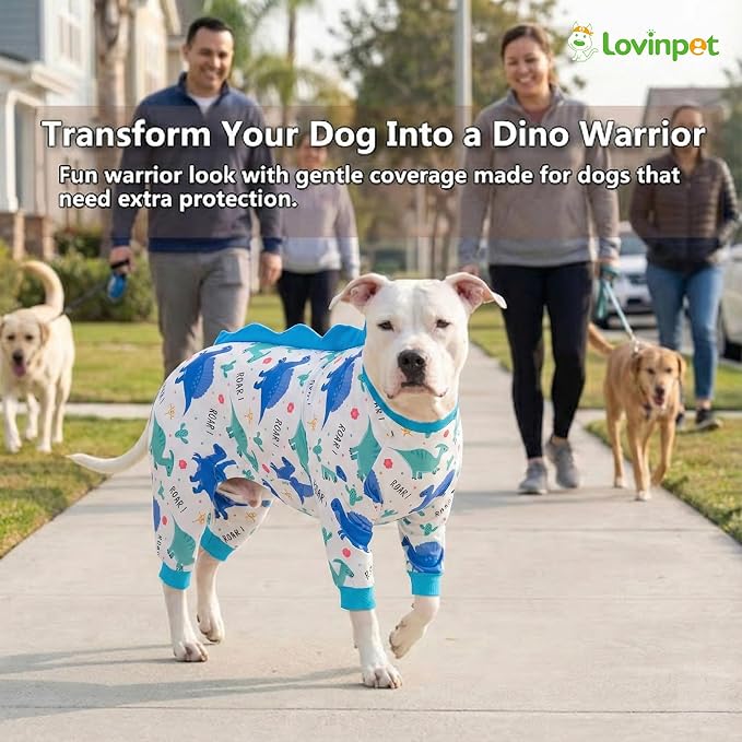 LovinPet Large Dog Pajamas, Four-Leg Stretch Onesie Bodysuit, Lightweight UV-Shielding Pajamas, Anti-Lick Calming Recovery Suit for Surgery, Pull-On for Medium and Large Breeds,White Blue,XXL