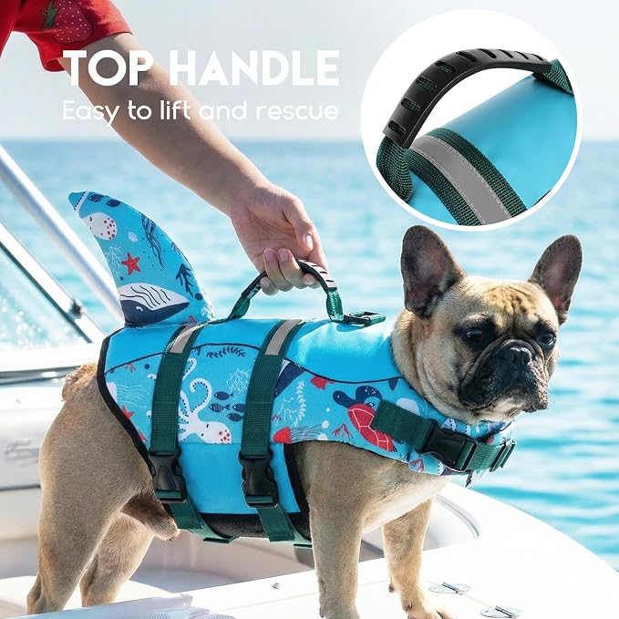 ASENKU Dog Life Jacket - Pet Safety Vest for Swimming & Boating, Shark Life Jacket with Floatation, Dog Lifesavers Swimsuits for Small Medium Large Dogs (Ocean, XL)