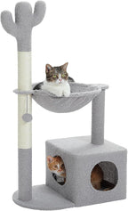 MUTTROS Cactus Cat Tree Cat Scratching Post 40" Cat Tower with Large Metal Carpet Hammock, Cat Scratching Post for Indoor Cats with Condo& Dangling Ball, Grey