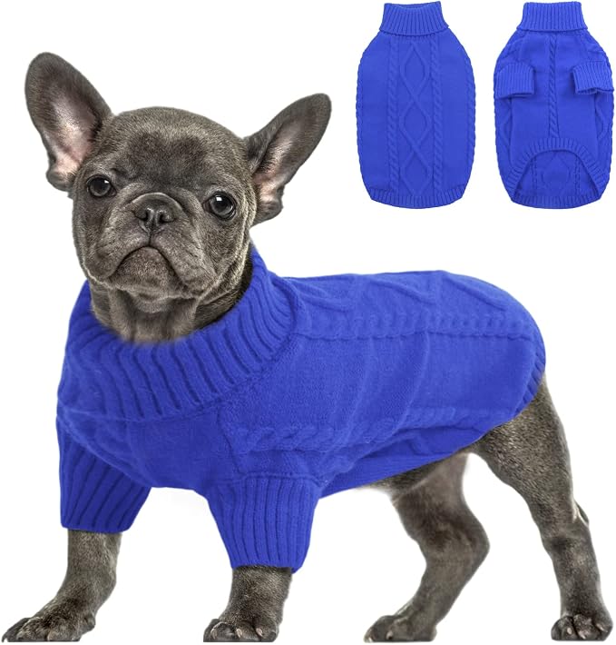 Queenmore Small Dog Pullover Sweater, Cold Weather Cable Knitwear, Classic Turtleneck Thick Warm Clothes for Chihuahua, Bulldog, Dachshund, Pug (Royal Blue, X-Large)