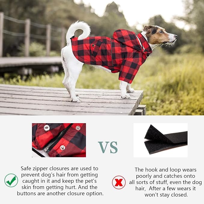 Dog rain Coat Waterproof Raincoat Puppy Jacket with Legs Buttons Zipper Hood Drawstring Fit for Yorkie Terrier Schnauzer Poodle Border Collie Labrador Golden Retriever 8lbs to 80lbs Red S