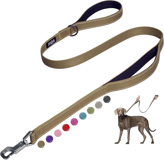 Fida 4 FT Heavy Duty Dog Leash with 2 Comfortable Padded Handles, Traffic Handle & Advanced Easy Snap Hook, Reflective Walking Lead for Large, Medium & Small Breed Dogs, Brown