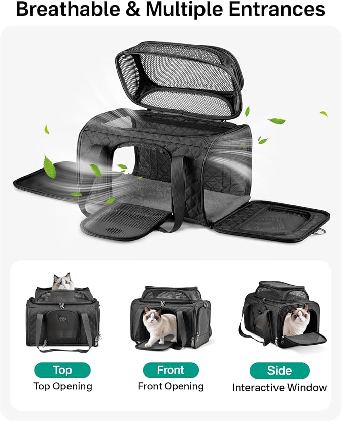 Top Expandable Cat Carrier for Airline Travel, 17x11x9.5 in, Black | Stable reinforced frame, locking zippers, and breathable mesh for airport waits, vet visits, road trips, and daily travel