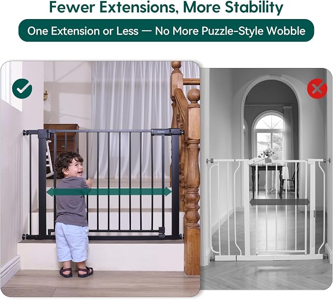 Babelio Baby Gate for Doorways and Stairs, 31-36" Pet Gate with Wide Door | Pressure/Wall Mount; Triple-lock System; Auto-close; 200N Impact Tested; Easy Install for Doorways, Kitchen, Hallway, Black