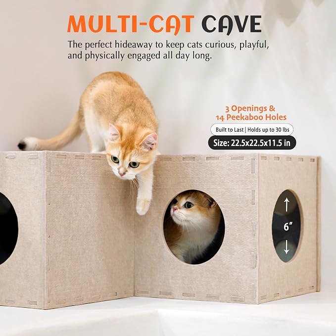 PETKARAY Cat Tunnel, Original Cat Hideaway Cave for Indoor Cats, Large Kitten Play Tubes and Tunnels, Soft Felt Cat Toy with Interactive Peek Hole, Beige L Shape
