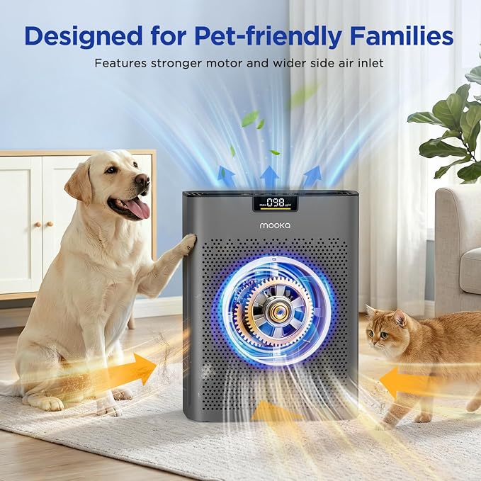 MOOKA Air Purifier for Home Bedroom Large Room up to 2200 Ft², HEPA Filter | Washable Pre-Filter, Auto Mode, Quiet Sleep Mode, Air Quality Monitor, Air Cleaner for Pet Dust Smoke Pollen, KJ190H Grey