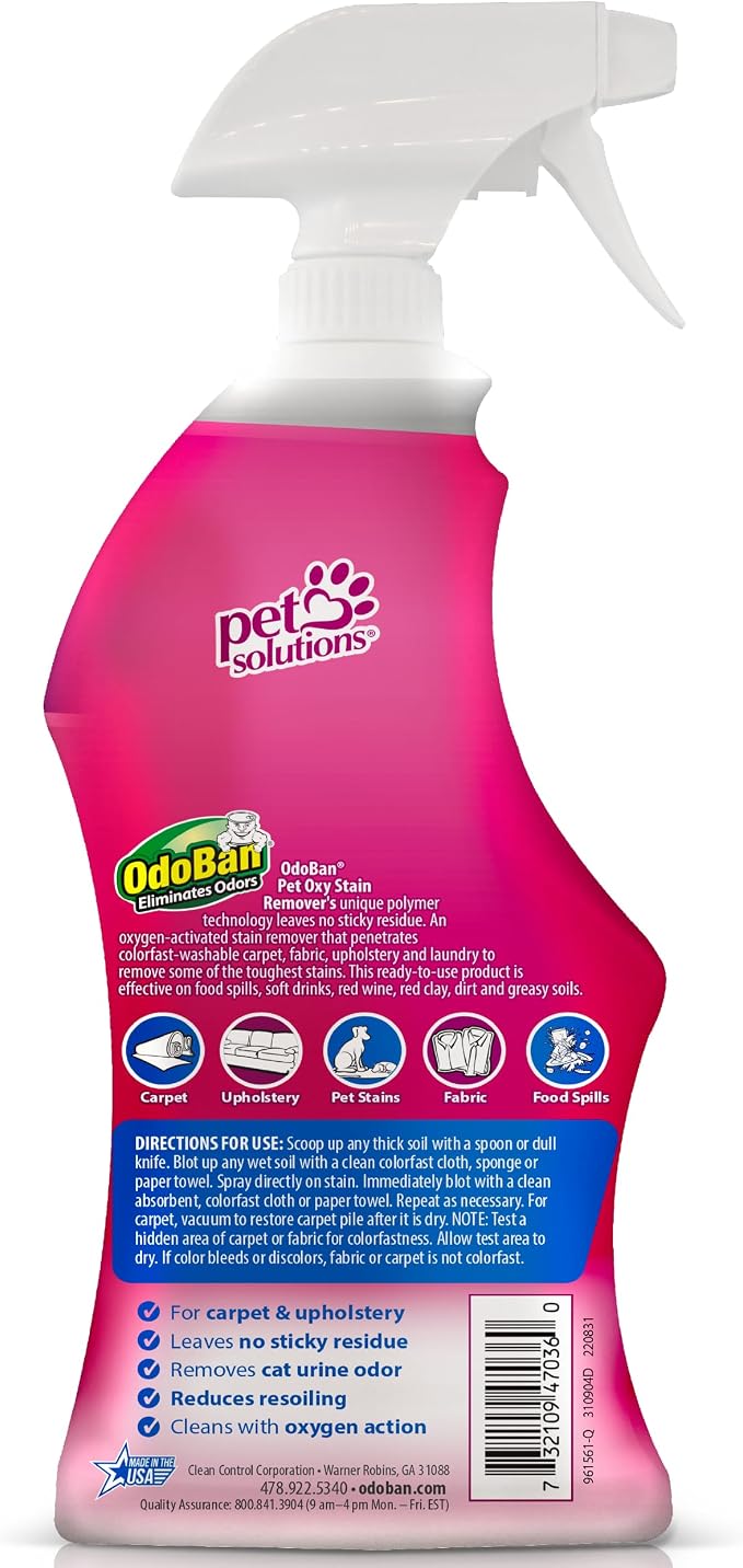 OdoBan Pet Solutions Oxy Stain Remover, Pet Stain Eliminator, Made in the USA, 4-Pack, 32 Ounce Spray Each