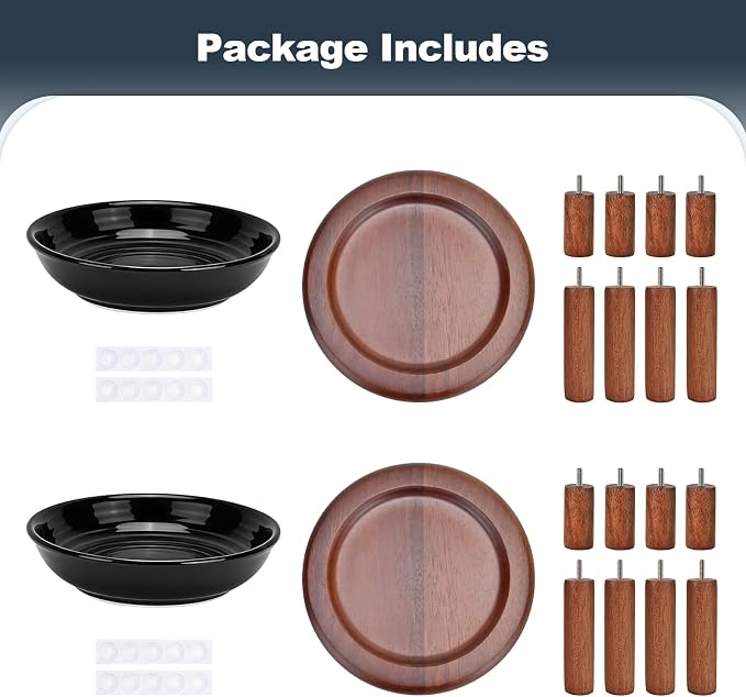SPUNKYJUNKY Shallow Elevated Cat Bowl with Acacia Wood Stand Wide Raised Ceramic Cat Dishes Whisker Friendly Pet Food and Water Plates (Striped Pattern, 2 Pack, Black)