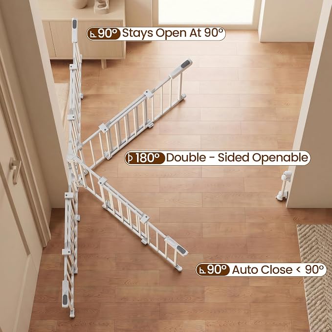 Mumeasy 30" Tall Baby Gate for Stairs, 36.2-55.1" Expandable Hardware Mounted (Drill Needed), Removable No Bottom Bar Dog Gate, Auto Close Wide Walk Thru Safety Gate for Doorways, Pets& Toddlers,White