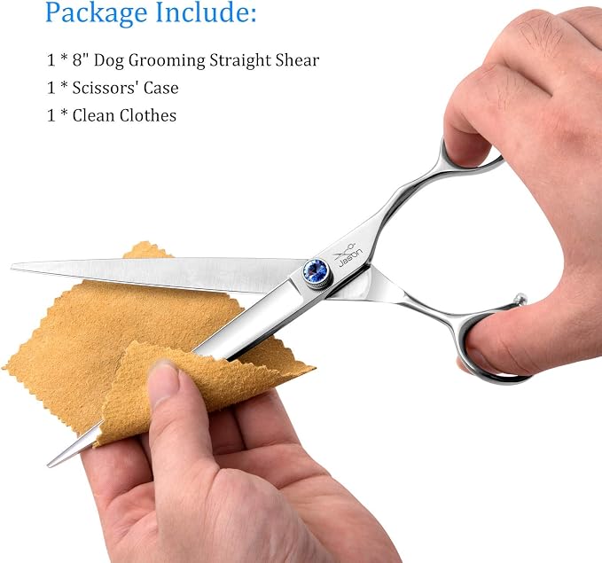 JASON Dog Grooming Scissors Shears - 8" Straight Long Pets Trimming Kit | Premium Cats Shear with Offset Handle and a Jewelled Screw, Sharp Comfortable, Gift