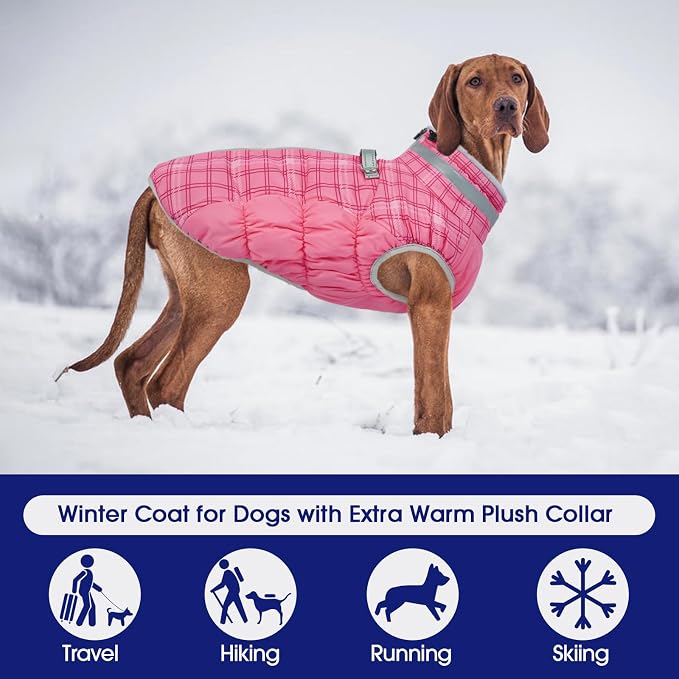 FUAMEY Dog Winter Coat Fleece Warm Large Dog Coat with Harness Built in | Dogs Cold Weather Fleece Coats Zip up Reflective Dog Winter Vest Windproof Water Resistant Snow Coats Rose Plaid XXXL
