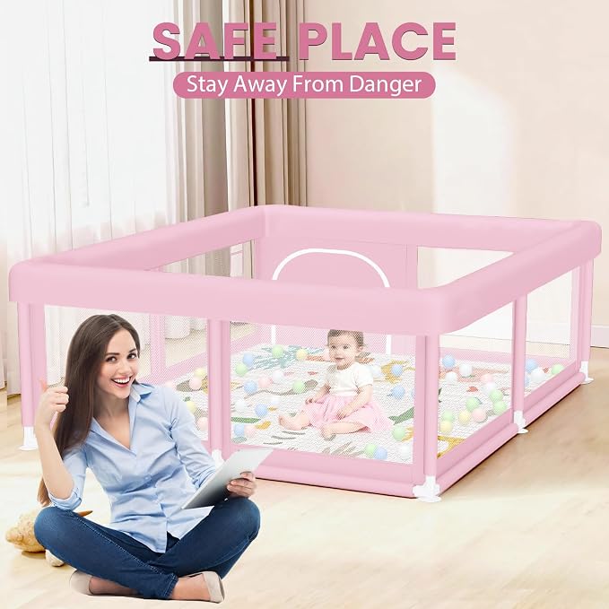 Hiaksedt Baby Playpen with Mat 50"x50" Baby Girl Play Pen for Babies | Playpen and Toddlers, Safe Structure and Soft, Skin-Friendly Fabric with Zipper Gates Pink