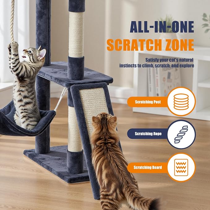 63 Inch Large Cat Tree Tower for Indoor Cats, Dark Grey | Multi-Level Tall Cat Tree Tower with Condo, Perch, Sisal Scratching Posts Board and Hammock, Dangling Balls