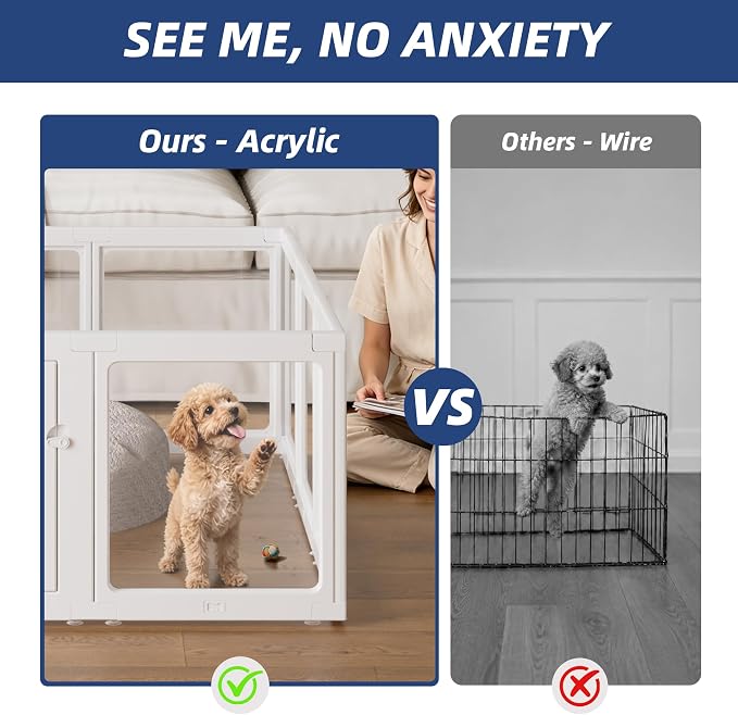 Clear Acrylic Dog Playpen Indoor, Puppy Cat Small Pet Play Pen, Pet Cat Playpen for Rabbits, Dog Fence Crate Kennel Whelping Cage (35", White, 10 Panel)