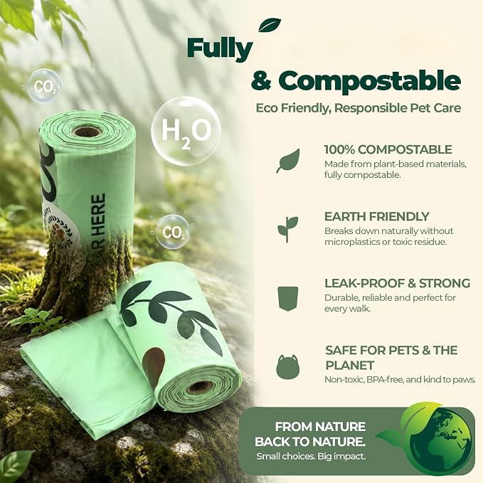 Compostable Dog Poop Bags 270 Count (18 Rolls), 9x13 Inch, BPI Certified, Plant-Based Leak Proof Unscented Green Eco-Friendly Waste Bags (Green)