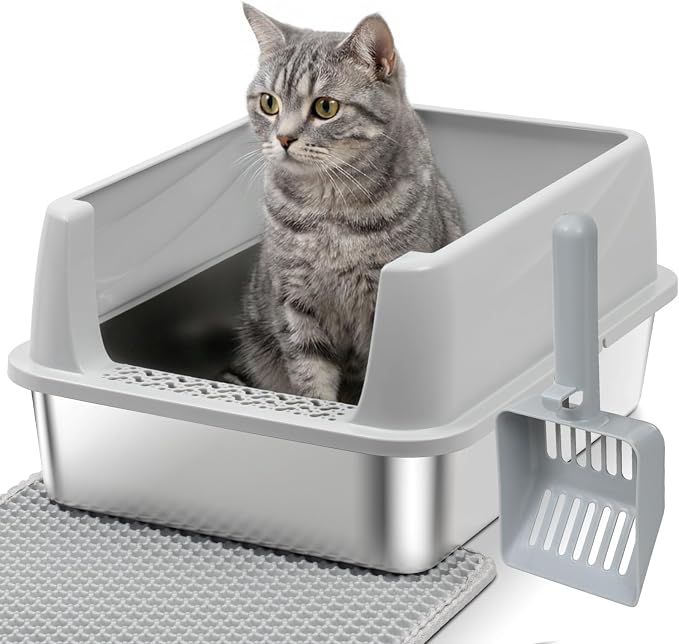 Stainless Steel Litter Box with Lid,Kitten Litterbox for Small Cats | Low Entry Cat Litter Box,Metal Kitty Litter Box with Scoop and Mat,Non-Stick,Odor-Free,Easy to Clean