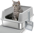 Stainless Steel Litter Box with Lid,Kitten Litterbox for Small Cats | Low Entry Cat Litter Box,Metal Kitty Litter Box with Scoop and Mat,Non-Stick,Odor-Free,Easy to Clean