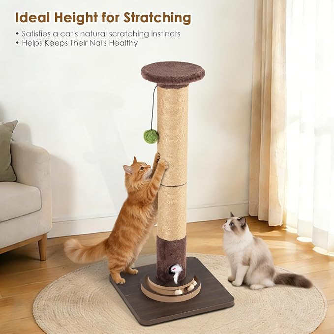 35.4" Tall Sisal Cat Scratching Post, Anti-Tip Stable Base, Interactive Mouse Hole & Toys, Furniture Grade Wood Cat Scratcher Tower for Indoor Cats