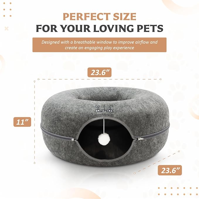 MeowMansion - Indoor Cat Tunnel Bed - Scratch Resistant Peekaboo Cave Donut Shape - Multifunctional Playground, Caves, Toys (Grey)
