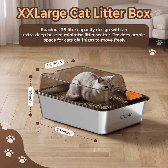 2 Pack Stainless Steel Litter Box - Extra Large XXL Metal Cat Litter Box with Lid High Sides for Big Cats and Multi-Cats, Angled Entrance, Anti-Urine Leakage, Non-Stick Bottom