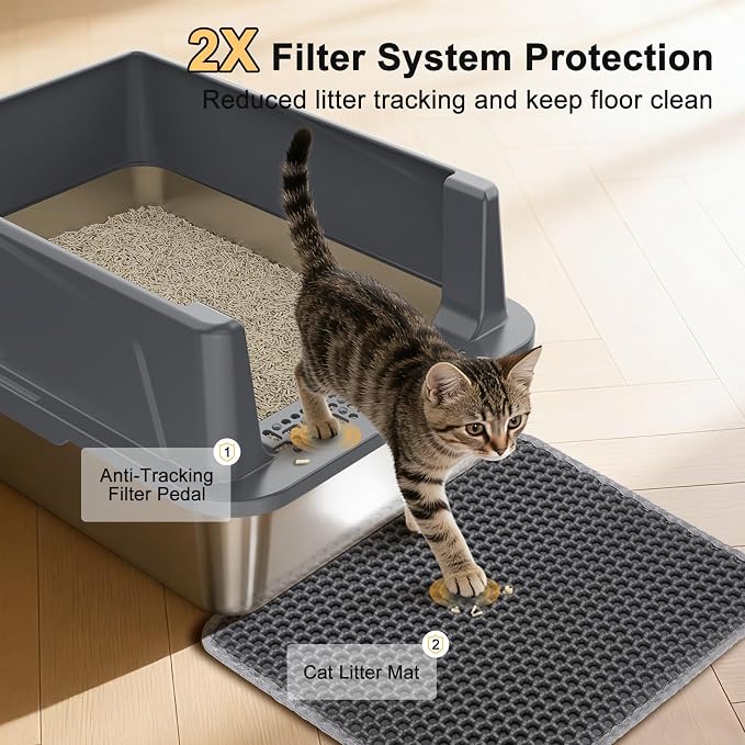 FURTIME Stainless Steel Cat Litter Box, Small Cats Metal Litter Box | High-Sided Open-Top Easy-Clean Litter Pan, Non-Stick, Anti-Leakage, Odor-Free, Comes with Scoop & Mat, 17"×13"×8.4"