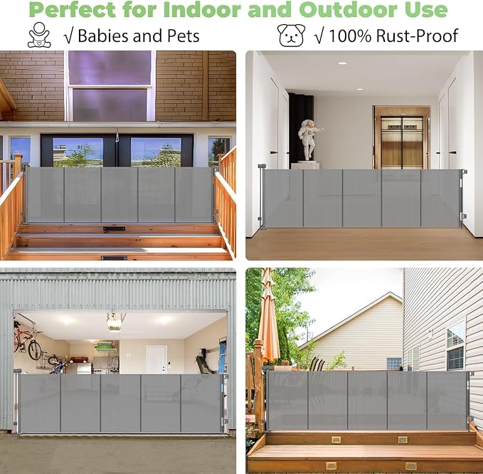 96 Inch Wide Reinforced Retractable Dog Gate, Prevents Crawling Under, Gray | Indoor/Outdoor Retractable Baby Gate, Space-Saving, Easy One-Hand Operation Safety Lock, Scratch-Resistant Mesh, Easy Install