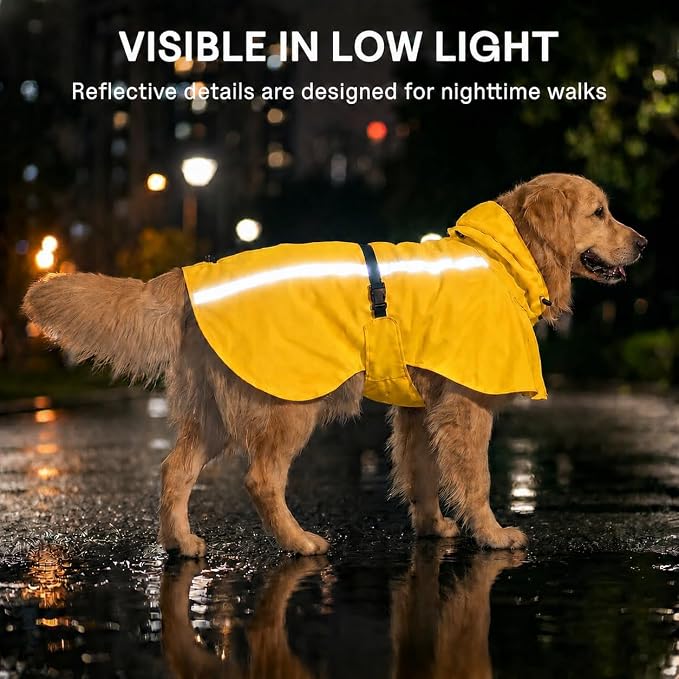 Stretch Fabric Dog Raincoat with Hood, Reflective Rain Poncho for Medium Large Dogs, Adjustable Waterproof Dog Rain Jacket with Leash Opening, Bright Yellow, Large