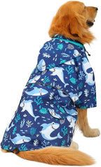 HDE Dog Raincoat Poncho Double Layer Zip Rain Jacket with Removable Hood, Leash Hole for Small to 3XL Dogs and Puppies Sharks - 3XL
