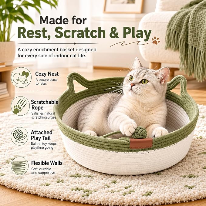 Instinct Basket for Cats - Handwoven Cotton Rope Enrichment Bed with Attached Toy Tail, Scratchable Interactive Pet Nest Features Flexible Walls to Fight Boredom & Protect Furniture (Green, L)