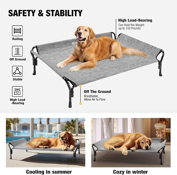 Veehoo Cooling Elevated Dog Bed, Raised Dog Cot with Guardrail & Headrest | Washable Dog Couch Bed for Indoor & Outdoor, Durable Breathable Teslin Mesh, Non-Slip Feet, Medium, 39.5" x 28", Black Silver