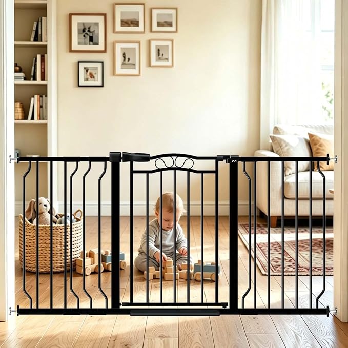 Fairy Baby 53.1"-62.5" Extra Wide Baby Gates for Stairs & Doorways, Pressure Mounted Baby Safety Child Gate No Drill, Long Dog Gate with Door Walk Thru, Metal Auto Close Large Pet Gate Indoor, Black