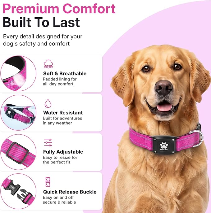 GPS Dog Collar Tracker 2-in-1,Reflective Waterproof Pet Collar,iOS-Only,No Monthly Fees,Unlimited Range,Dog Tracking Collar Pet Tracker,for Small Medium Large Dogs(S (12.5"-16"), Hot Pink)