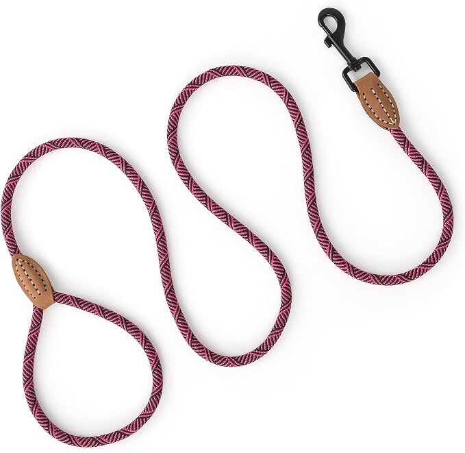 Mile High Life Thin Small Dog Leash with Genuine Leather Connection | Rope Leash, Heavy Duty 360° Swivel Metal Clasp, for Small Medium & Large Dogs (Rose Red, 48 Inch)
