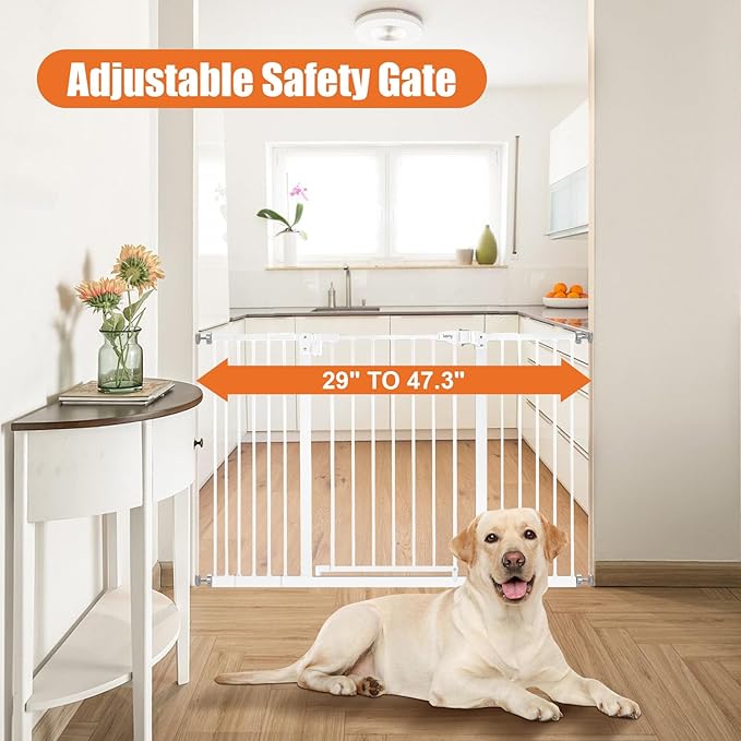 keny 29"-47.3" Extra Wide Baby Gate for Stairs, Auto Close Safety Dog Gate | Pressure Mounted No Drilling Pet Gate for Doorways, Easy Walk Through Stair Gate for Kids Todder, 30" Tall, White