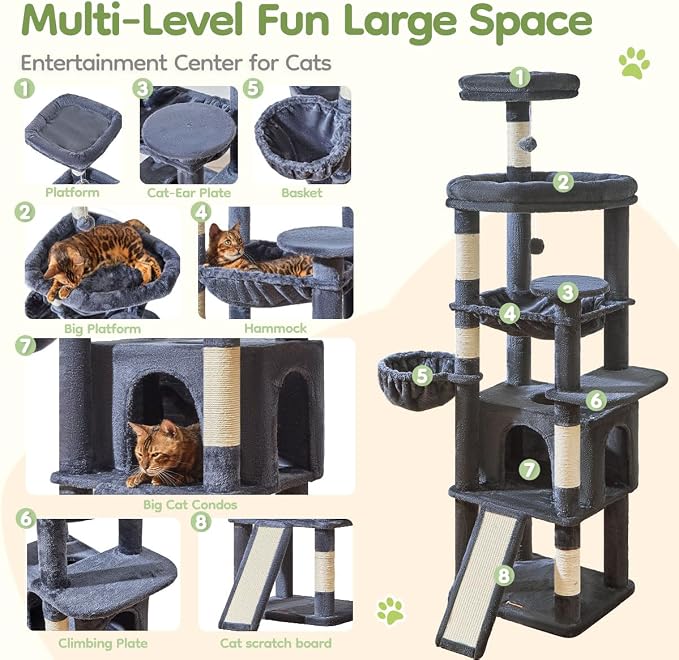 Taoqimiao Cat Tree for Large Cats, 72In Tall Cat Tower, Giant Platform | Widened Cat Condo with Large Scratch Board, 5 Scratching Posts, Metal Frame Hammcock, Cozy Basket, Smoky Gray, MS045G