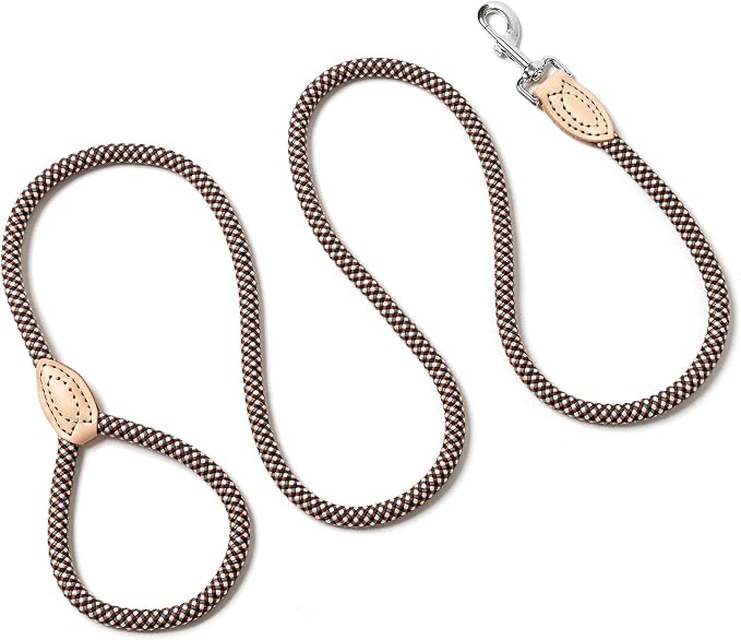 Mile High Life Dog Leash with Genuine Leather Connection, 4/5/6 FT | Rope Leash, Heavy Duty 360° Swivel Metal Clasp, for Small Medium & Large Dogs Walking (Brown, 60 Inch-1/2)
