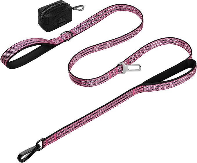 Double Handle Dog Leash with Poop Bag Holder and Car Seat Belt Buckle | Heavy Duty | Double Handle | with Poop Bag Holder | with Car Seat Belt Buckle | Reflective | Lightweight