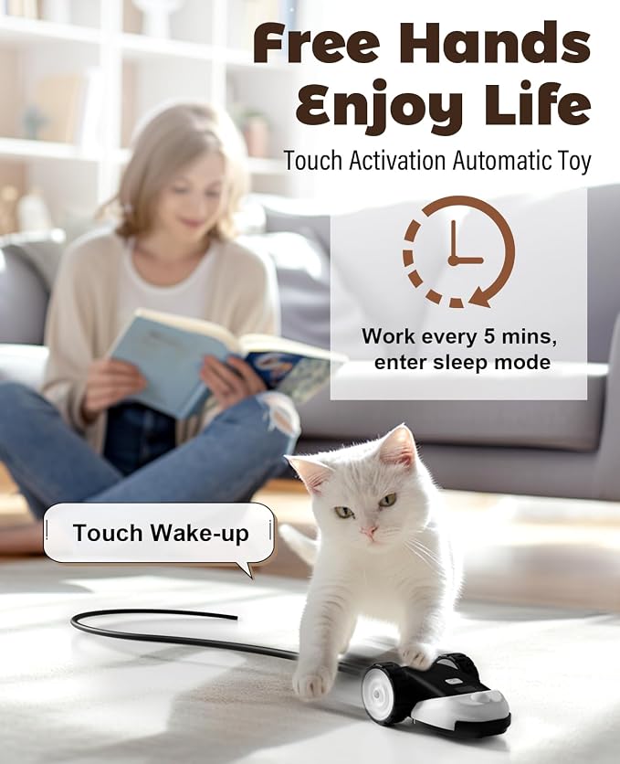 CYROS 3-in-1 Interactive Cat Toy - 2-Speed Automatic Moving Mouse Cat Toys Self Play with 2pcs Hanging Feather String Ribbon and Wiggly Silicone Mice Tail for Bored Indoor Adult Cats Kittens