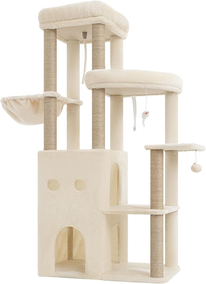 Heybly Cat Tree, 59.4" Secure Anti-Tip Cat Tower for Large Cats HCT055G | Spacious Cat Furniture with Dual-Tier Cat Condo, 2 Top Perches, Hammock and Sisal Scratching Posts, Beige