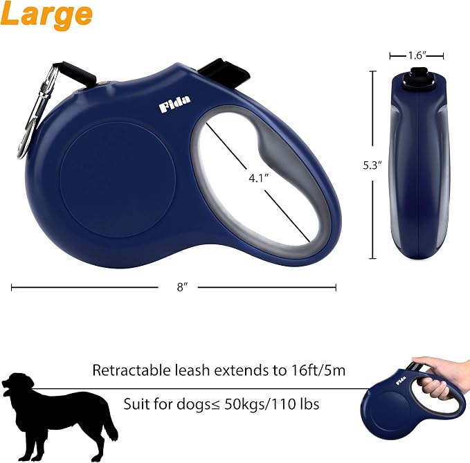 Fida Retractable Dog Leash with Dispenser and Poop Bags, 16 ft Pet Walking Leash for Large Dog up to 110 lbs, Anti-Slip Handle, Tangle-Free, Reflective Nylon Tape (L, Navy Blue)