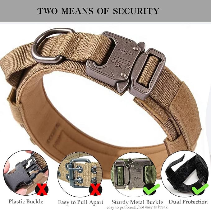 Tactical Dog Collar Adjustable Military Nylon Dog Collar with Control Handle and Heavy Duty Metal Buckle for Medium and Large Dogs (Brown,XXL)