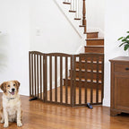 ZJSF Foldable Freestanding Indoor Dog Gate for House Wood Long Pet Gates Dog Fence for Stairs Puppy Gates for Hallways, Puppy Gate,Support Feet Included, Brown, 32 "Height-3 Panels