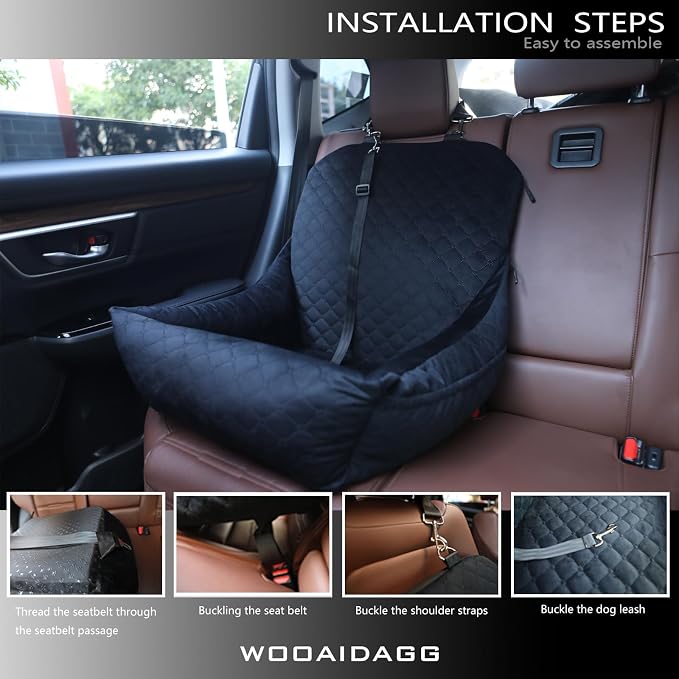 Wooaidagg Dog Car Seat for Small Dogs Up to 25 lbs,Covered Ultra-Soft Fabric and Fill in Memory Foam,Fully Detachable and Washable,2 Clip-On Safety Leashes and Storage Pockets(Black)