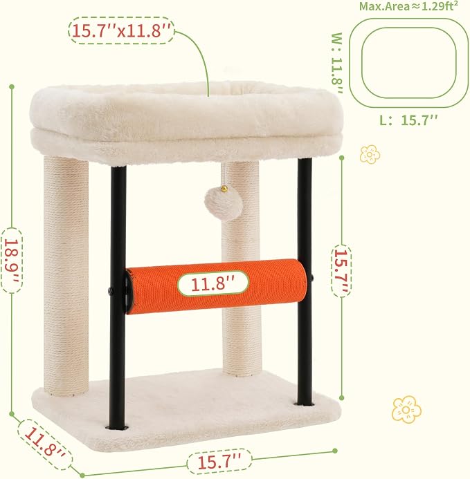 Hey-brother Cat Tree, Sturdy Tower with Sisal-Wrapped Columns, MPJ010SM | 18.9 Inches Cats Scratching Posts with Bed, Plush Toy Ball for Indoor Kittens, Beige