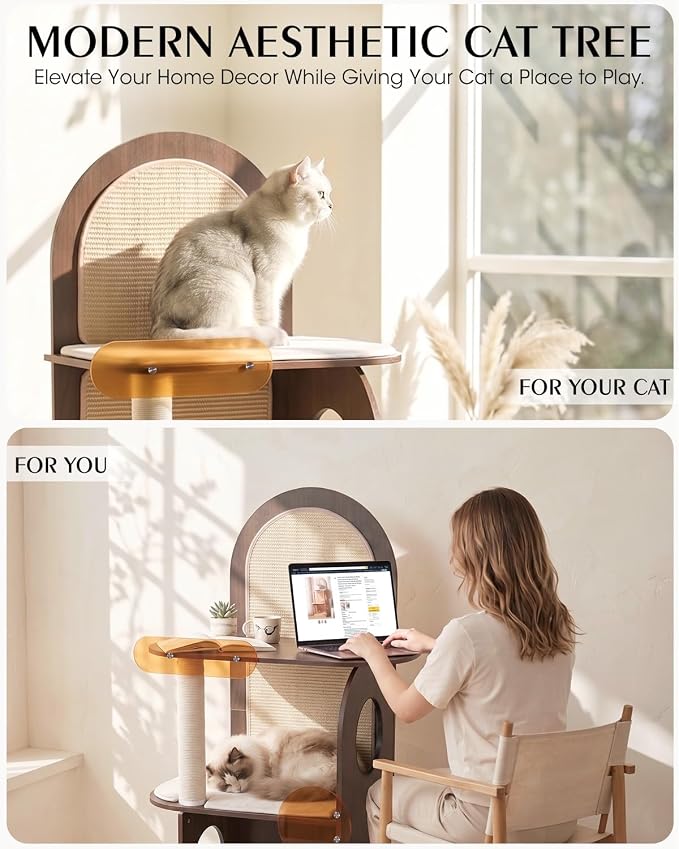 47" Solid Wood Cat Tree, Modern Cat Furniture for Large Cats | Scratch-Resistant Hardwood, Walnut or Maple Finish, Machine-Washable Cushion, Anti-Tip Base, 30-Min Assembly, Indoor Use